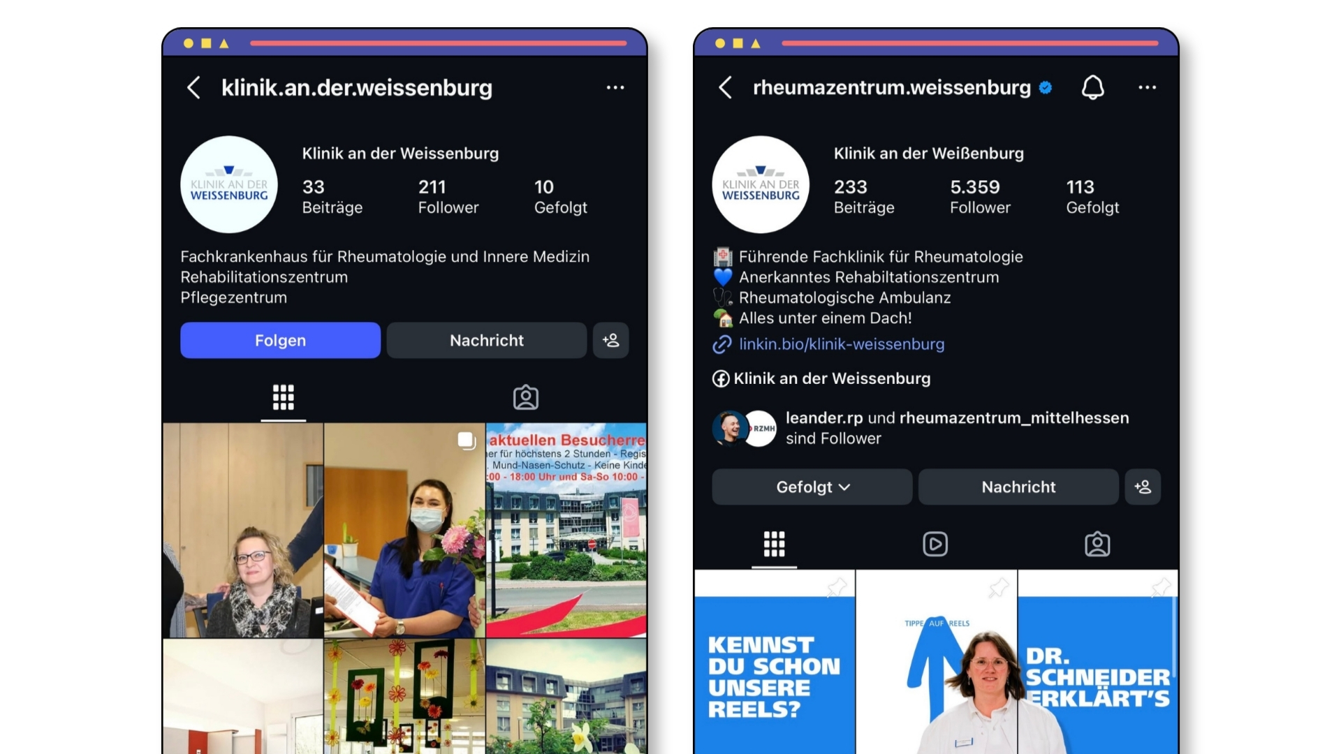 Vorher-Nachher-Vergleich: Instagram-Profil der Klinik an der Weissenburg — von 211 Followern und 33 Beiträgen zu 5.359 Followern, 233 Beiträgen und verifiziertem Profil
